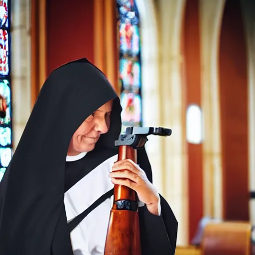 Prompt: a nun in church holding an ak 4 7