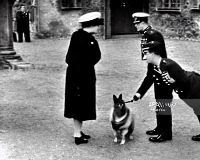 Image similar to ultra wide 1 9 4 6 blurry historical photo of a single german general bowing to a young queen elizabeth in a french village, her corgis are nearby highly detailed, sharp focus