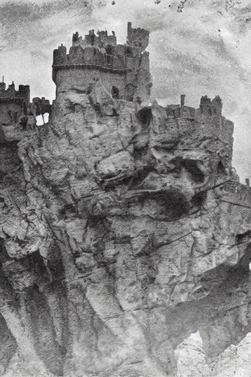 Prompt: castle grayskull,, silver iodide, 1 8 8 0 photograph, sepia tone, aged paper, sergio leone, master prime lenses, cinematic