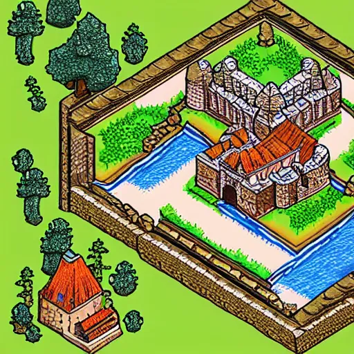 Prompt: castle in the forest, isometric art, SNES