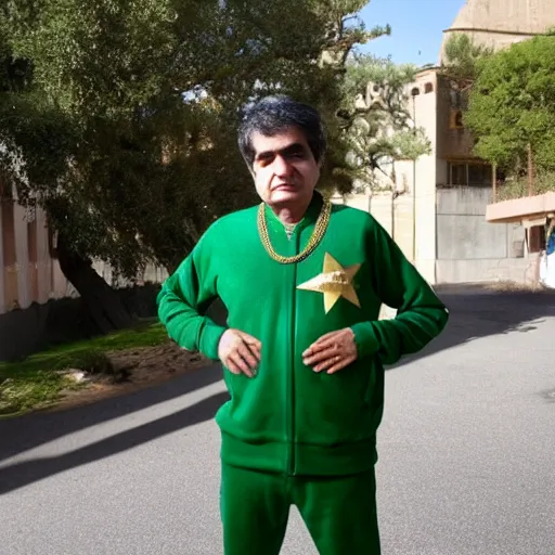 Image similar to jafar panahi, clean shaven, wearing a green tracksuit and gold necklace with large star shaped gold medallion