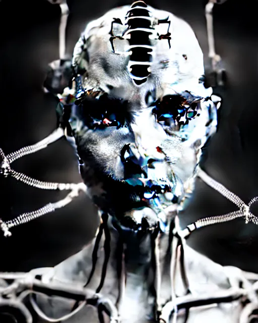 Prompt: black and white cyborg-plant goddess high quality photo, microchip, artificial intelligence, bio-mechanical bio-luminescence, black ivy, flies, neurons, nerve cells, octane render, cinematic, rim light, hyper realism, photo-realistic, high detail, 8k, in the style of Steven Meisel and Dora Maar and H.G. Giger