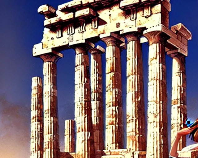 Image similar to Athena in the Athena Temple in Greece, highly detailed, intricate architecture, sharp focus, fantasy art by Artgerm and Greg Rutkowski and WLOP