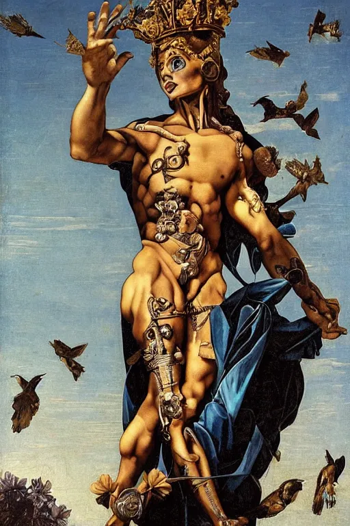 Image similar to a young handsome Spanish metal android with a large glowing battery in the center of his chest in a full-body bronze cyberpunk style statue of Icarus with glowing blue eyes, crown of peach roses, flowing teal-colored silk, fabric, flowers. baroque elements, human skull. full-length view. baroque element. intricate artwork by caravaggio. many many birds birds on background. Trending on artstation, octane render, cinematic lighting from the right, hyper realism, octane render, 8k, depth of field, 3D