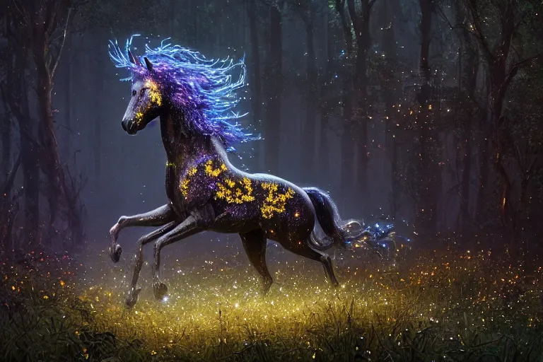 Prompt: a stunning horse completely made of fireflies with a thick mane of bioluminescent vines and flowers running through the woods by greg rutkowski, high key lighting, volumetric light, digital art, highly detailed, fine detail, intricate, ornate, complex, octane render, unreal engine, photorealistic