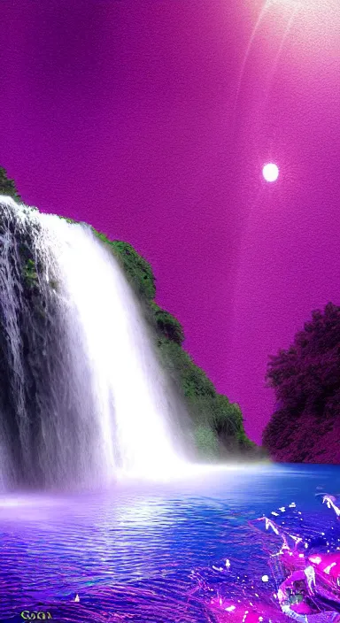 Image similar to purple planet with waterfall pixel artwork, digital art, award winning