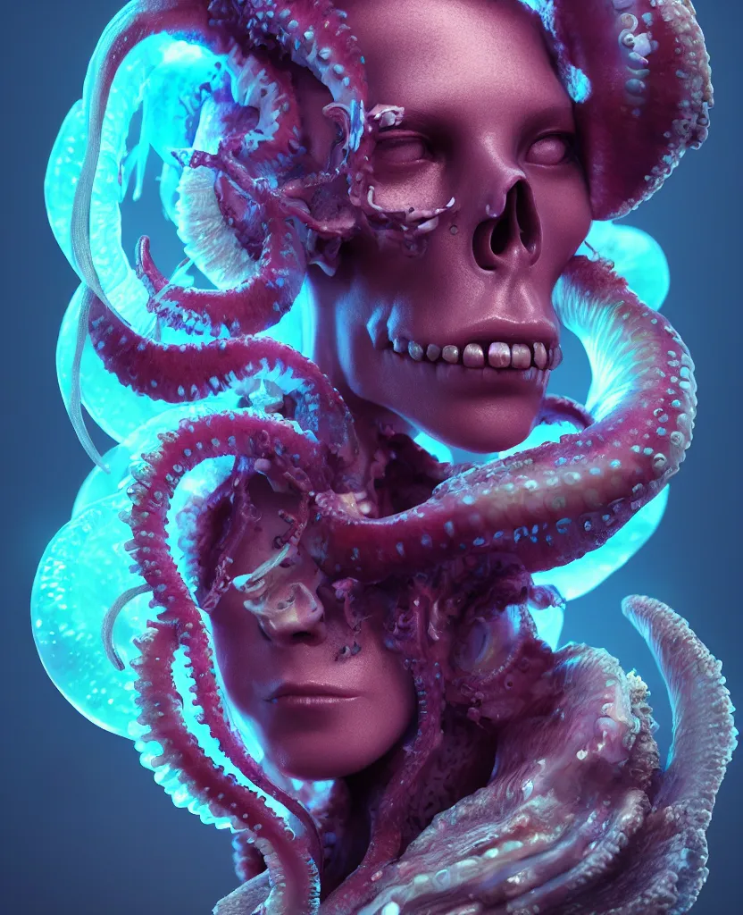 Image similar to goddess close - up portrait human skull, ram skull, squid phoenix jellyfish, orchid, betta fish, bioluminiscent, intricate artwork by tooth wu and wlop and beeple. octane render, trending on artstation, greg rutkowski very coherent symmetrical artwork. cinematic, hyper realism, high detail, octane render, 8 k