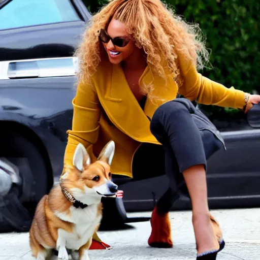 Prompt: Beyoncé with a corgi, hyper realistic, paparazzi shot, 4K, news article photo