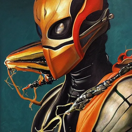 Image similar to a realistic painting by Raffaello Sanzi depicting the Kamen Rider Ichigo with the head of the symbiotic Venom in the Renaissance.