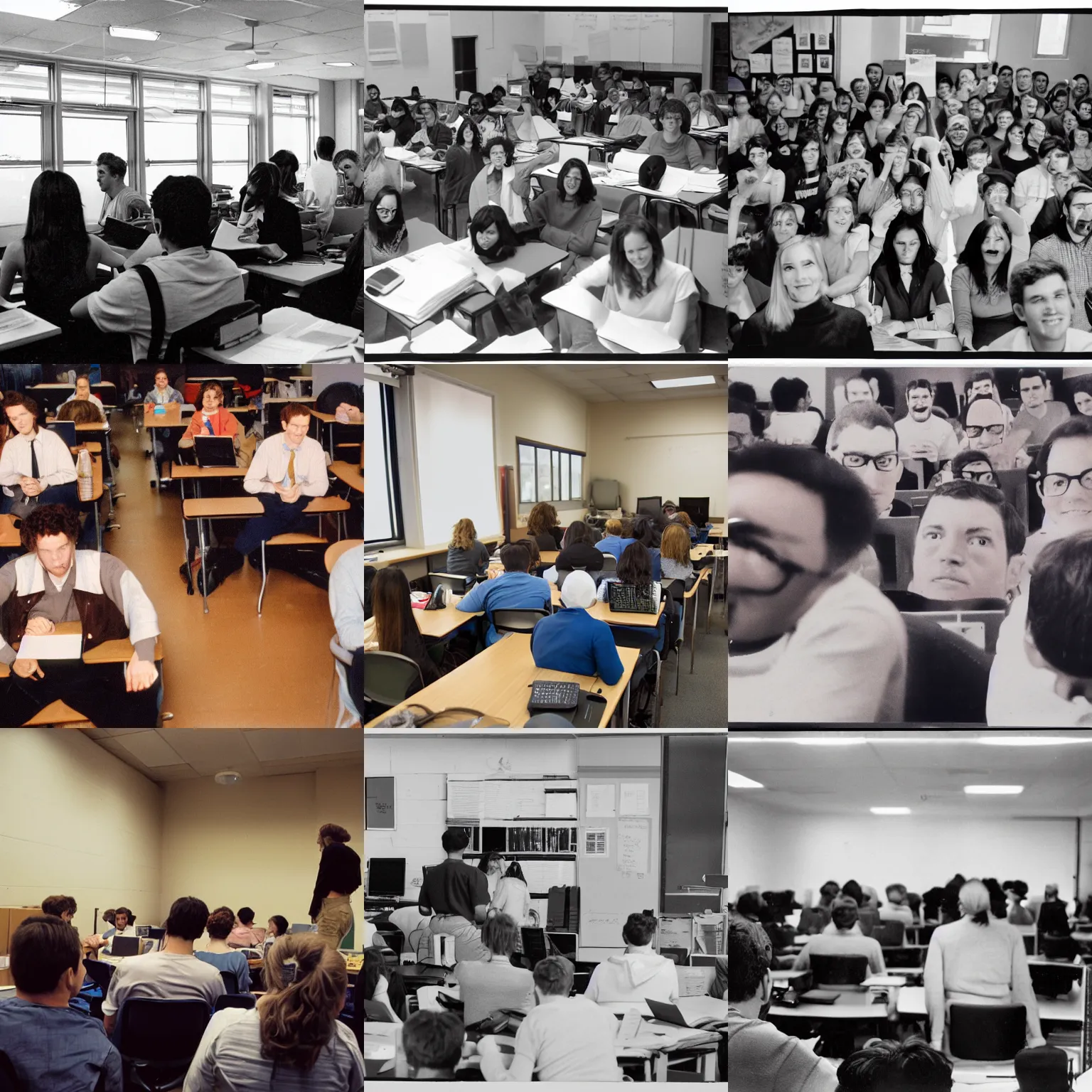 Prompt: 3 5 mm first - person view of the back of some adult college students at their desks facing the front of the class with comically enlarged heads