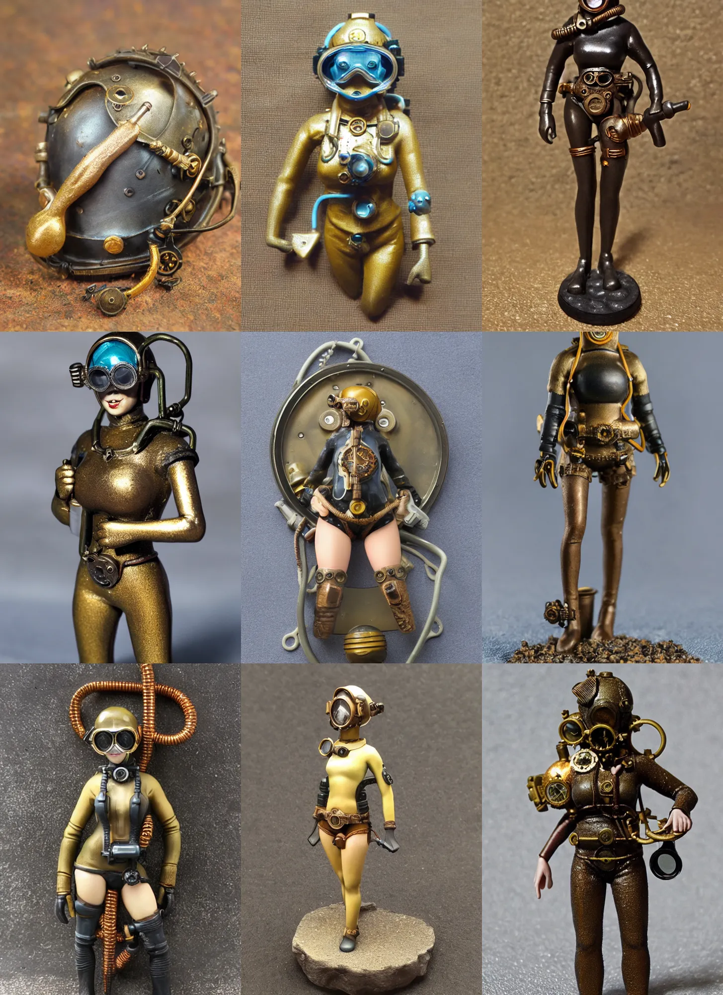 Prompt: 80mm resin detailed miniature of a Diver woman, steampunk diving helmet, bikini, stomach, navel, belly, tights, boots, symbol, textured base; Miniature Product Photos, 4K, view from front