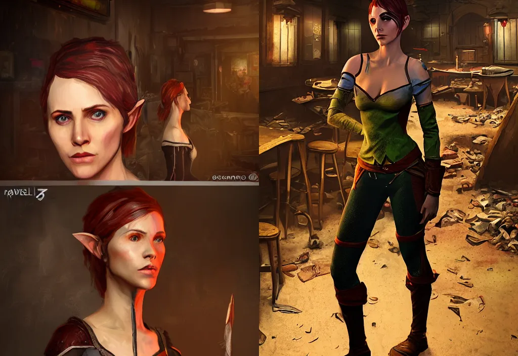 Prompt: character portrait of a female lavellan from dragon age walking through a destroyed dive bar wearing inquisitor clothes, with a realistically proportioned face, realistically rendered face, enhanced face, 3 d model, 3 d headsculpt, headsculpt, illustration, digital painting, realistic lighting, photorealistic eyes, good value control, realistic shading, substance painter