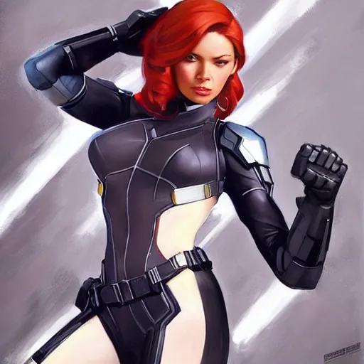 Image similar to greg manchess portrait painting of armored natasha romanova aka black widow as overwatch character, medium shot, asymmetrical, profile picture, organic painting, sunny day, matte painting, bold shapes, hard edges, street art, trending on artstation, by huang guangjian and gil elvgren and sachin teng