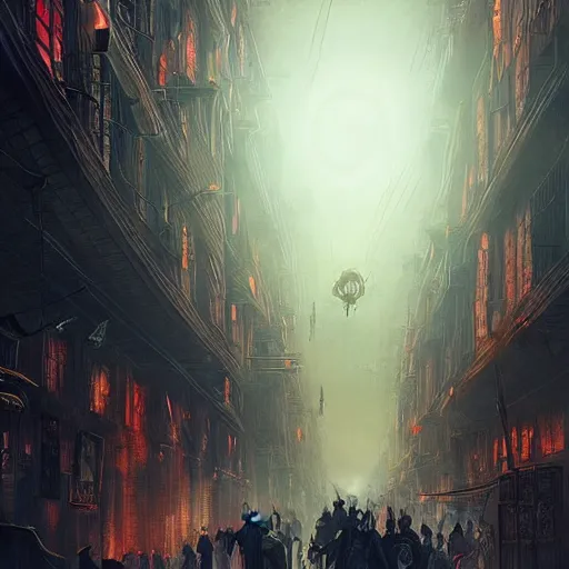 Image similar to “a creepy criminal magic city, similar to Knock Turn Alley, the sky is flayed like Doctor Strange, D&D, fantasy, intricate, cinematic lighting, highly detailed, digital painting, artstation, concept art, smooth, sharp focus, illustration, art by Artgerm and Greg Rutkowski and Alphonse Mucha”