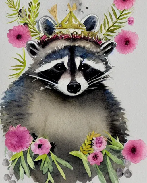 Image similar to a very detailed watercolor portrait of a cute raccoon with a crown of flowers on its head, muted colors, white paper background, watercolor on paper