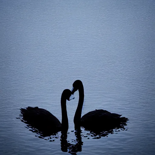 Image similar to photo of two black swans swimming in a beautiful reflective mountain lake, touching heads, forming a heart with their necks, a hot air balloon flying above the swans , granular detail, hot air balloon, intricate, portrait, 8k highly professionally detailed, HDR, CGsociety, octane render, 4k, f32,55mm photography, wide angle