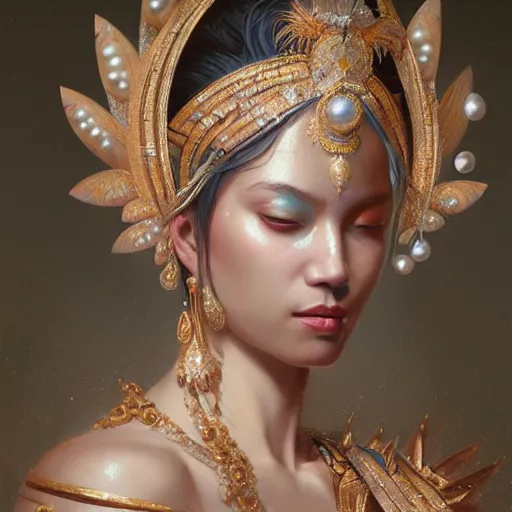 Image similar to a beautiful portrait of a pearl goddess with glittering skin, a detailed painting by greg rutkowski and raymond swanland, featured on cgsociety, fantasy art, detailed painting, artstation hd, photorealistic