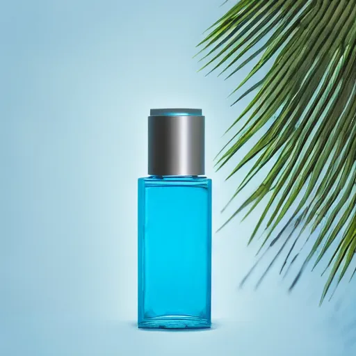 Image similar to perfume bottle standing in splashing tropical sea foam, surrounded by leafy trees, light pastel blue sky and clouds in the background, softly - lit, soft - warm, zen, light, modern minimalist f 2 0 clean