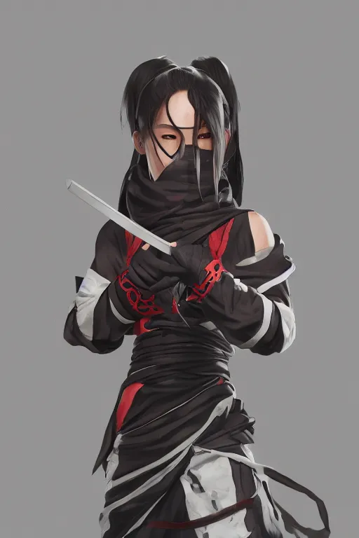 Image similar to native japanese young woman dressed like shinobi ninja, focused stare, partially masked, highly detailed, photobash, photorealistic render, trending on artstation, character design, cinematic lighting