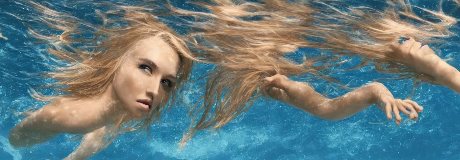 Image similar to beautiful blonde female diving underwater while solving complex math equations, 4k, photorealistic