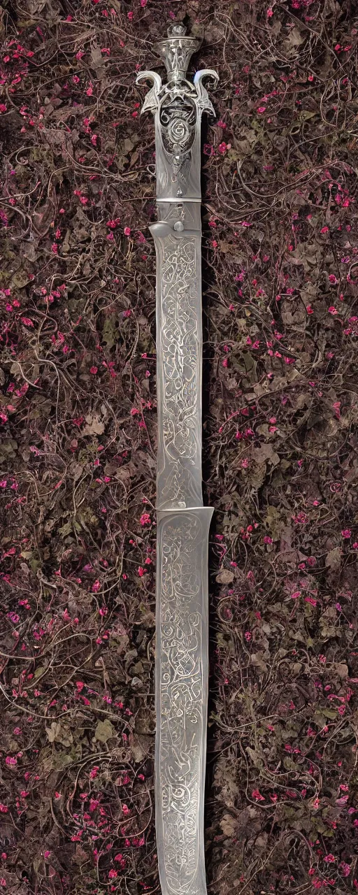 Image similar to a lone upright sword with an ornate hilt, Full body upright a lone sword display shot fully visible, extremely detailed made of vivid flowers and dark vines sword longsword with red rune+engravings, Epic, 8k, 4k, ultra detail, ultra realistic, 85mm lens, by Bayward wu, Anato Finnstark, Naoki Ikushima, cinematic,