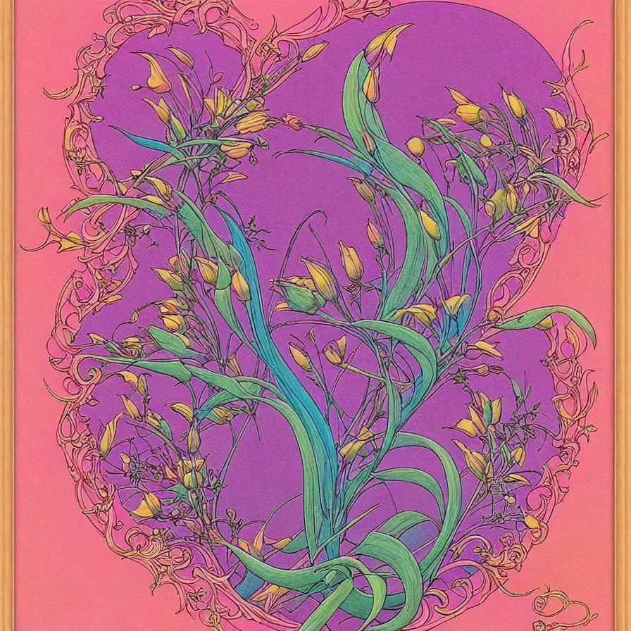 Prompt: ( ( ( ( beautiful flowers with decorative frame design ) ) ) ) by mœbius!!!!!!!!!!!!!!!!!!!!!!!!!!!, overdetailed art, colorful, artistic cd jacket design