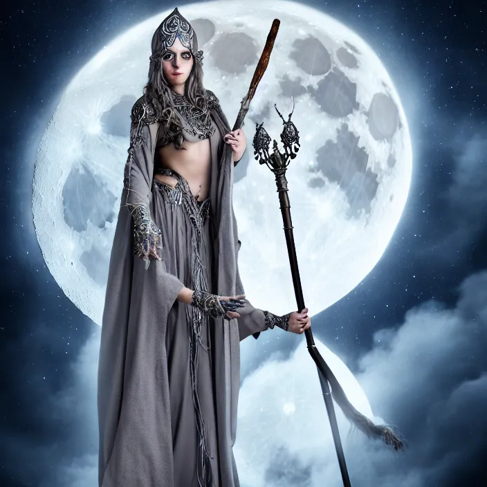 Prompt: professional photograph of a real - life beautiful elemental moon witch with ornate grey robes and staff. extremely detailed. 8 k