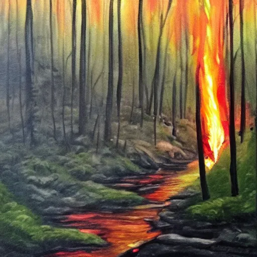 Prompt: forest burning down with river passing through it painting night fire