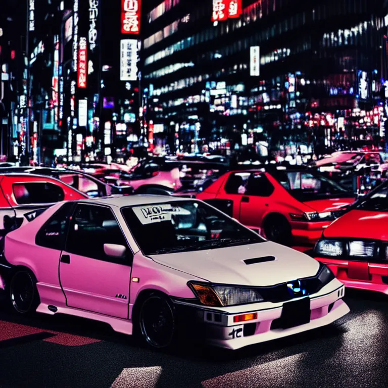 Image similar to a car Honda Civic turbo illegal meeting, detailed-wheels, Shibuya Shibuya, cinematic color, photorealistic, highly detailed, night photography