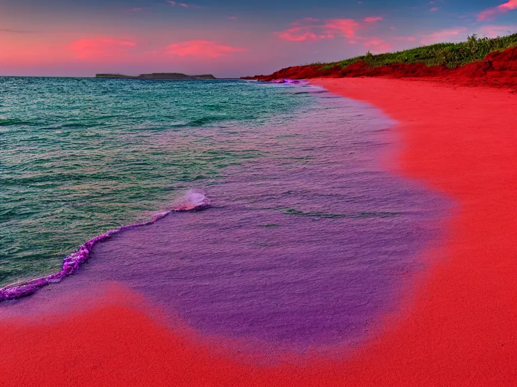 Image similar to purple table, red sand beach, green ocean, nebula sunset