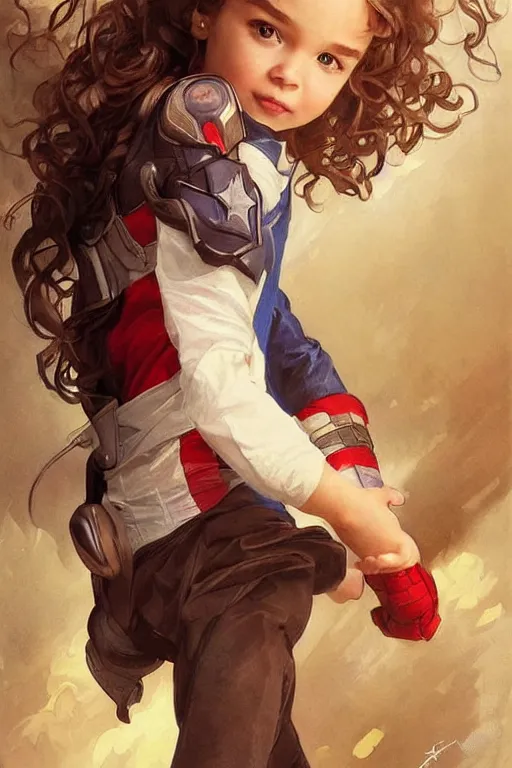 Prompt: a little girl with a mischievous face and short!! light brown curly wavy hair. she is dressed as captain america, spider - man, batman, captain marvel, a superhero. clean elegant painting, beautiful detailed face. by artgerm and greg rutkowski and alphonse mucha