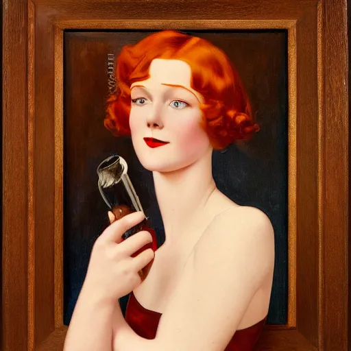 Image similar to an oil painting depicting an redhead girl, 1920s style, smooth, highly detailed, high contrast, Coles Phillips, Dean Cornwell, JC Leyendecker, 8K