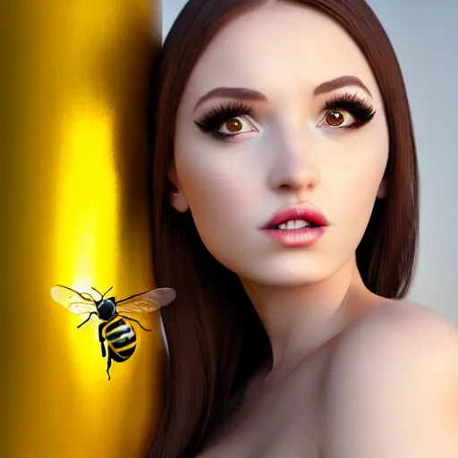 Prompt: beautiful humanized bee - girl, full length photo, beautiful body, beautiful face, style studio photography, professional photographer, many details, super realistic, high quality, 8 k