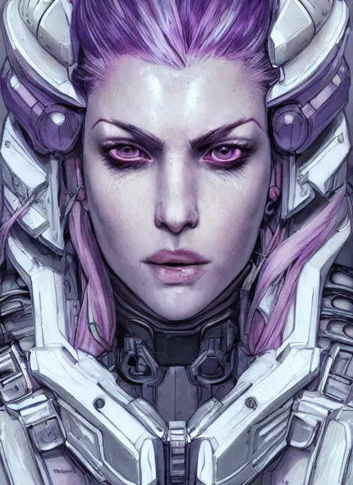 Prompt: close up portrait of a pale woman in sci - fi power armor with purple hair, powerful, domineering, stoic, masterful, intense, ultrafine hyperdetailed illustration by kim jung gi, irakli nadar, intricate linework, sharp focus, octopath traveler, yoji shinkawa, highly rendered, detailed, concept art
