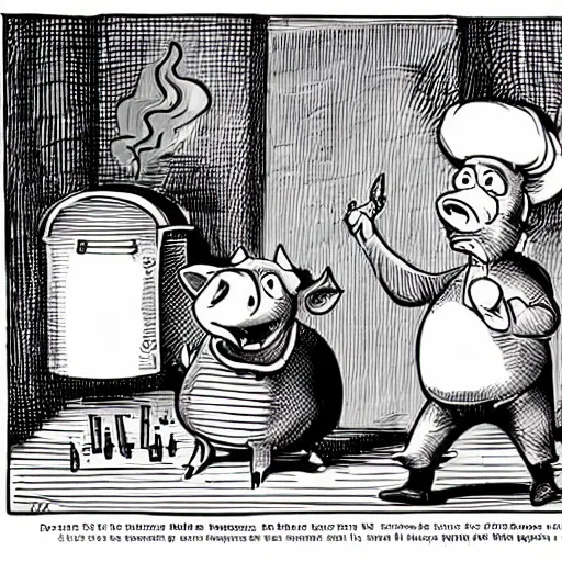 Image similar to a cartoon of a pig screaming in horror as another pig gets barbequed, funny, by Disney