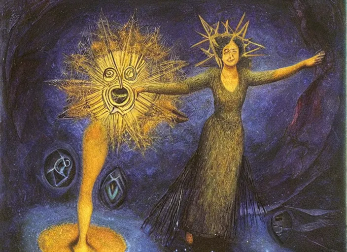 Image similar to a shaman woman spirit holding up the cosmic!! universe, by remedios varo, reflection, symbolist, occult, magic colors, dramatic lighting, smooth, sharp focus, extremely detailed, aesthetically pleasing composition