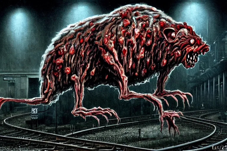 Image similar to very large giant mutant zombie irradiated ( angry rat ) staying on railways in tonnel of moscow subway. tonnel, railways, giant angry rat, furr, fangs, claws, very realistic. fog, extreme long shot, herman nitsch, giger.