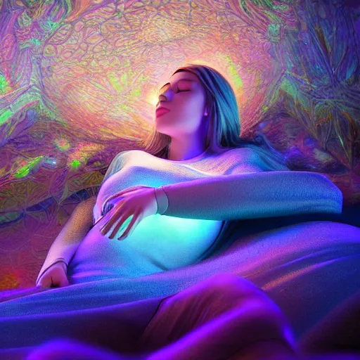 Image similar to photorealistic goddess sleeping in a 4 d dmt world. hyperdetailed photorealism, 1 0 8 megapixels, amazing depth, high resolution, 3 d shading, 3 d finalrender, 3 d cinematic lighting, glowing rich colors, psychedelic overtones, artstation concept art.