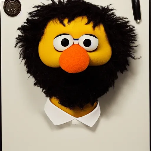 Prompt: a hyperrealistic portrait of the sesame street bert wearing a white lawyer's wig in a courtroom with a black unibrow and a black gawn, fuji film, intricate details. believable eyes. front on, symmetrical. head to shoulders shot.