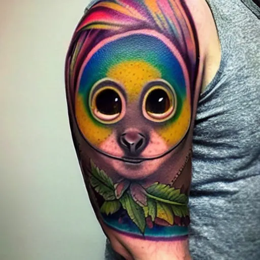 Image similar to shoulder tattoo of a multicolored hallucinating cute bush baby, eyes are rainbow spirals, happy mood, surrounded with colorful magic mushrooms and rainbowcolored marihuana leaves, insanely integrate