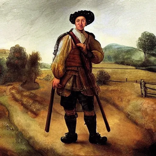 Prompt: david cameron as a 1 7 th century peasant working in the fields, painting, restored, 1 7 th century art, very detailed painting by rembrandt