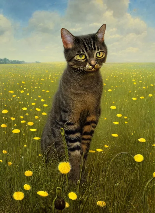 Image similar to the cat in the field from : dandelions, poppy and tulip, chamomile, hyperrealism, no blur, 4 k resolution, ultra detailed, style of ivan shishkin, tyler edlin, tom bagshaw, arthur rackham,