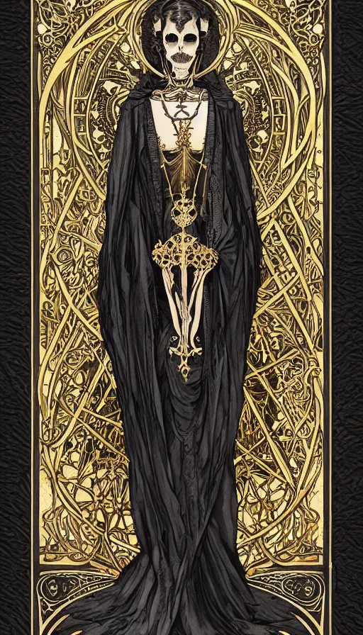 Image similar to a skeleton in a black cloak, highly detailed, very intricate, art nouveau, gold filigree, left right symmetry, tarot concept art watercolor illustration by mandy jurgens and alphonse mucha and alena aenami, featured on artstation