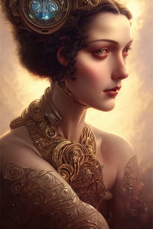 Image similar to a beautiful hyperrealistic portrait pose of a stunning Art Deco model in a sunbeam, intricate, elegant, highly detailed, smooth, sharp focus, award-winning, masterpiece, in the style of Tom Bagshaw, Cedric Peyravernay, Peter Mohrbacher