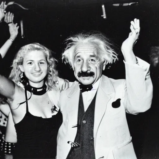 Image similar to Albert Einstein at a rave dancing with beautiful women, 35mm film