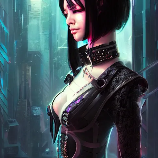 Image similar to teen elf, cyberpunk, black hair, gorgeous, amazing, elegant, intricate, highly detailed, digital painting, artstation, concept art, sharp focus, illustration, art by ross tran