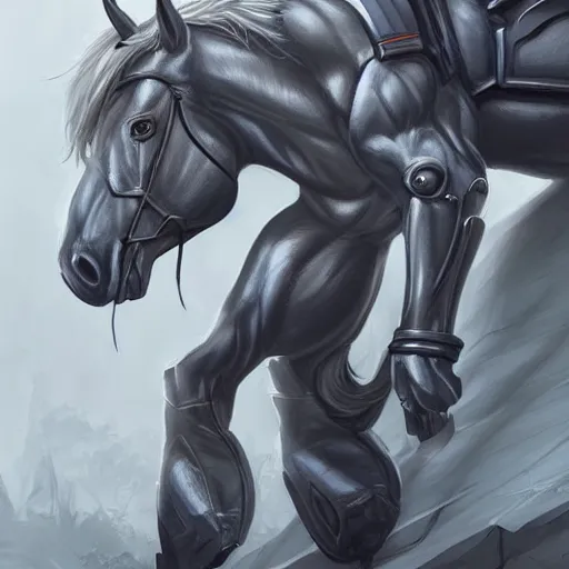 Image similar to a musclebound anthropomorphized horse with a magnificently muscular physique wearing a tight kevlar battle outfit while protecting a facility, long white hair, equine, anthro art, furaffinity, highly detailed, digital painting, artstation, sharp focus, concept art, illustration, art by artgerm, greg rutkowski, wlop