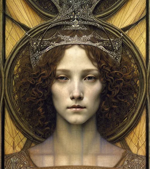 Image similar to detailed realistic beautiful young medieval queen face portrait by jean delville, gustave dore and marco mazzoni, art nouveau, symbolist, visionary, gothic, pre - raphaelite. horizontal symmetry