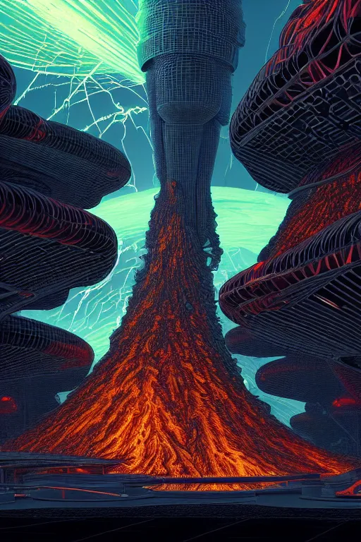 Prompt: a hyper - detailed 3 d render by kilian eng and toshi yoshida and franklin booth showing a futuristic powerstation!! in front of a ( ( exploding volcano ) ), vintage scifi, high details, dramatic lightning,, 8 k