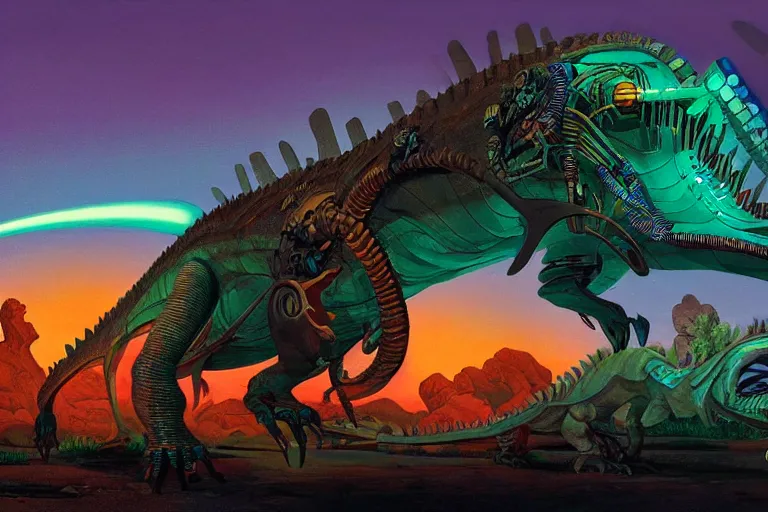 Image similar to mechanical dinosaur, art by alex schomburg and syd mead, trending on artstation, bioluminescence rear view in the golden hour, stuckism, 4 k hd wallpaper, fantasy artist, gond painting